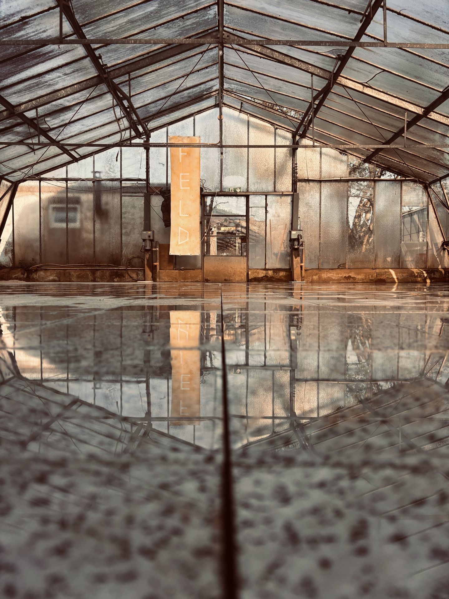 Fertige Terrasse mit FELD-Schild Spiegelung